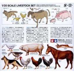 1:35 Tamiya 35128 - Фигурки животных (гуси, куры, свиньи, собака, осел и кролики) 18 фигур