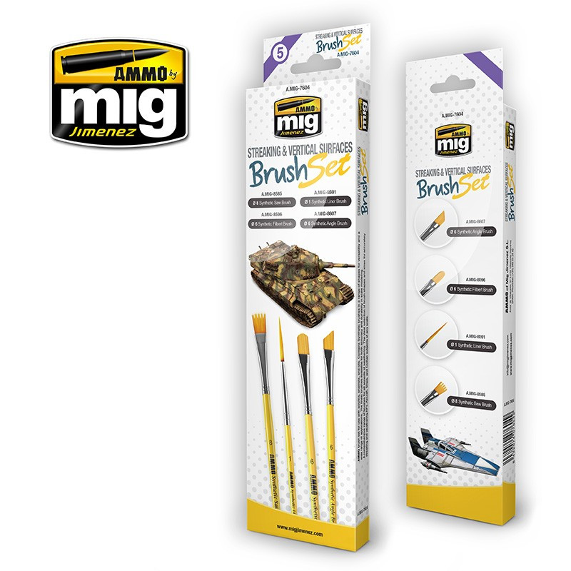 Ammo Mig AMIG7604 - Komplekts 4 otiņas - Streaking & Vertical Surfaces Paint Brush Set