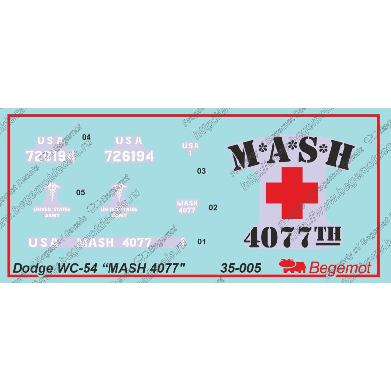 1:35 Begemot Decals 35-005 - Dodge WC 54 MASH-4077