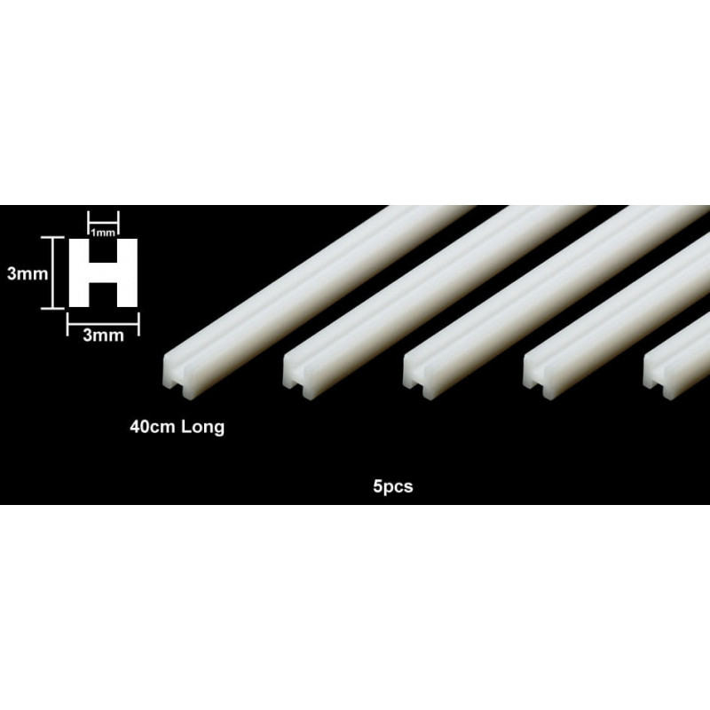 Tamiya 70206 - Plastmasas H-veida profils, caurspīdīgs. Augstums 3 mm, sienas biezums 1 mm. Profila garums - 40 cm. (5 gab.)