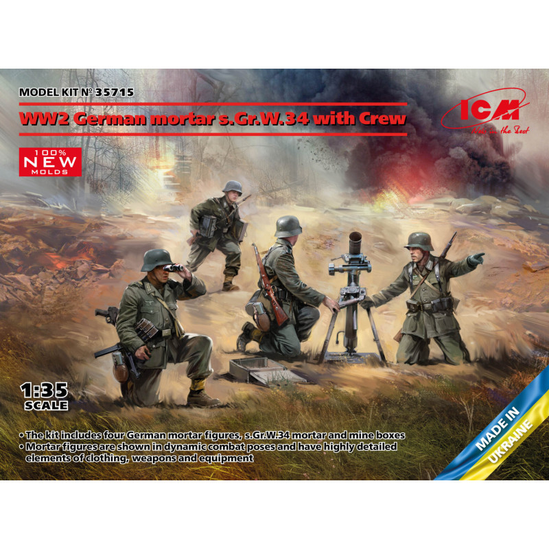 1:35 ICM 35715 - WW2 Немецкий миномет Gr.W. 34 с расчетом (миномет и 4 фигуры)