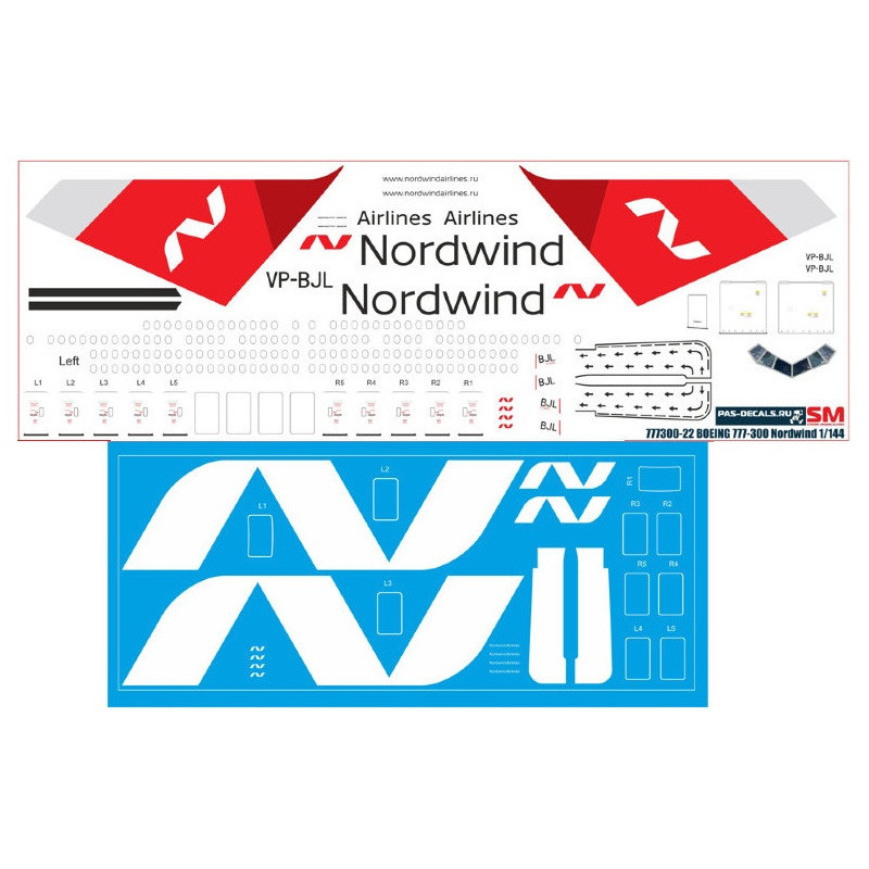 1:144 PAS-Decals - Boeing 777-300 Nordwind, Decal for Zvezda and Revell kits