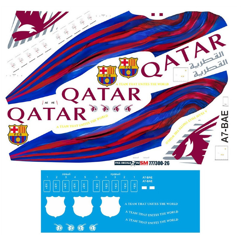 1:144 PAS-Decals - Boeing 777-300 Qatar FC Barselona, Decal for Zvezda and Revell kits