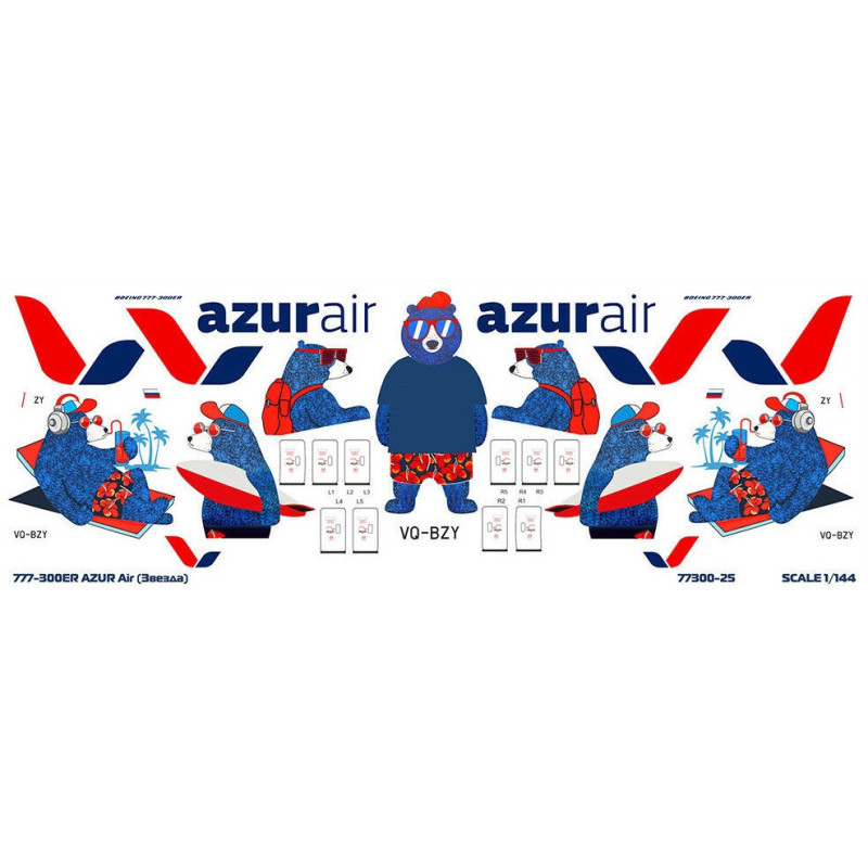 1:144 PAS-Decals - Boeing 777-300 Azur Air Bears, Decal for Zvezda and Revell kits