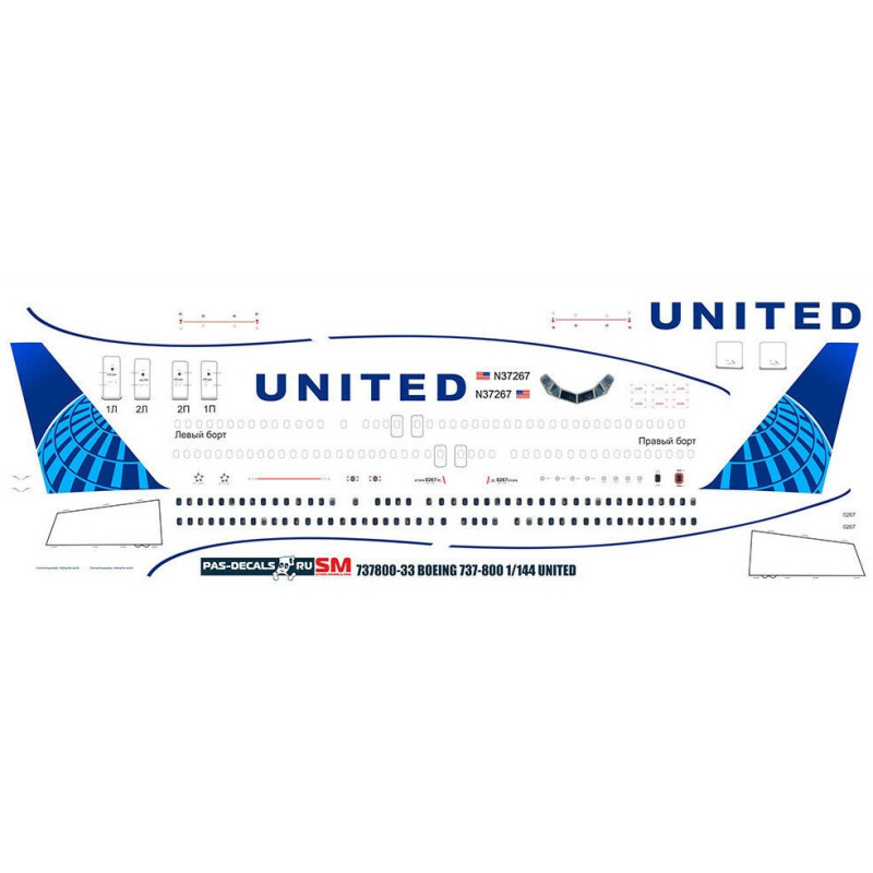 1:144 PAS-Decals - Boeing 737-800 UNITED, Decal for Zvezda and Revell kits