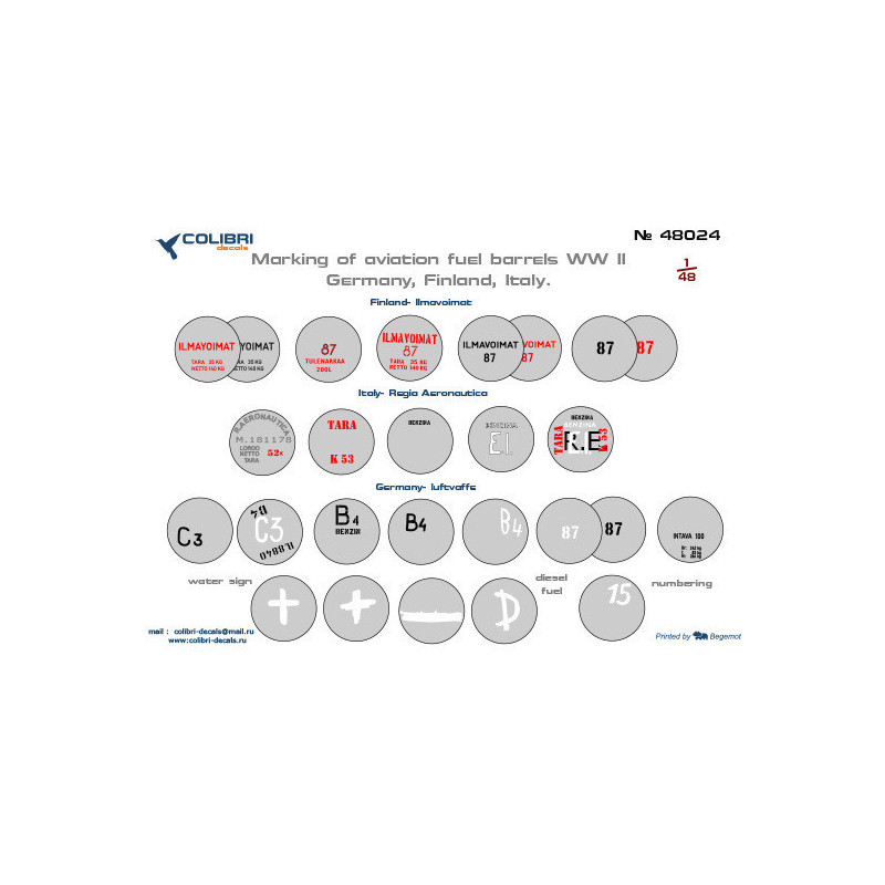 1:48 Colibri Decals 48024 - Marking of aviation fuel barrels WWII. Germany, Finland, Italy