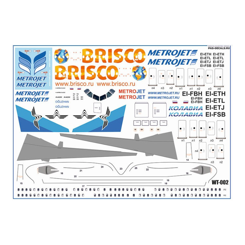 1:144 PAS-Decals 321-11 - Airbus А-321 Metrojet, Kolavia, Brisco. Decal + paint masks