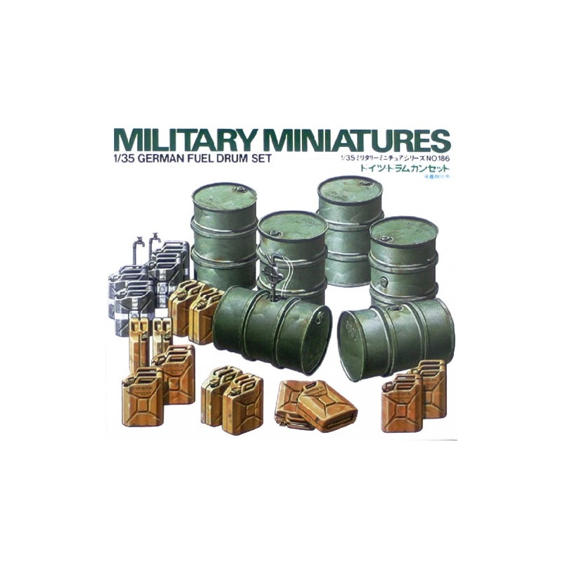 1:35 Tamiya 35186 - Vācu 200 litru degvielas mucas (6 gab.), 20 litru kannas ūdenim un degvielai